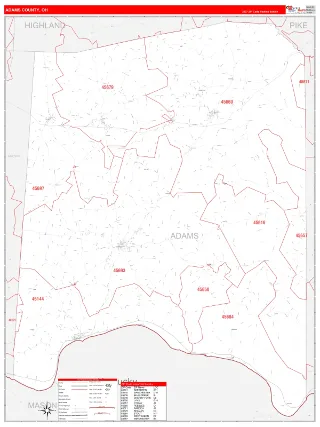 Adams County, OH RedLine style ZIP Code wall map