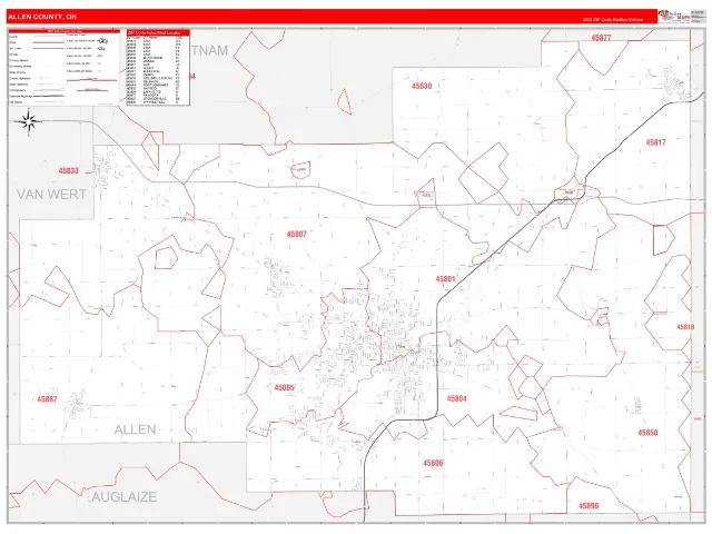 Allen County, OH ZIP Code Wall Map, RedLine style