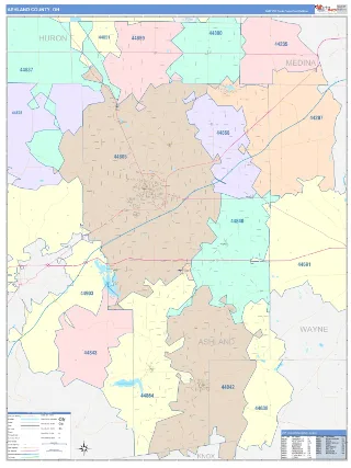 Ashland County, OH ColorCast style ZIP Code wall map