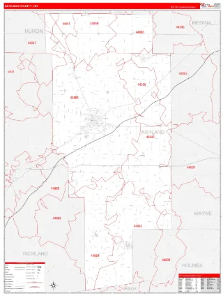 Ashland County, OH RedLine style ZIP Code wall map