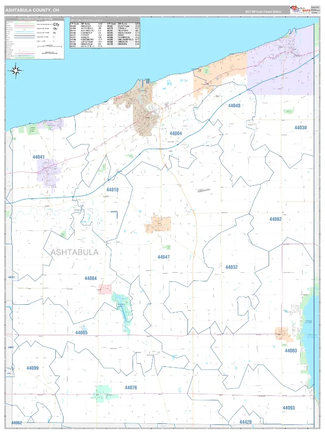 Ashtabula County, OH ZIP Code Wall Map, Classic style