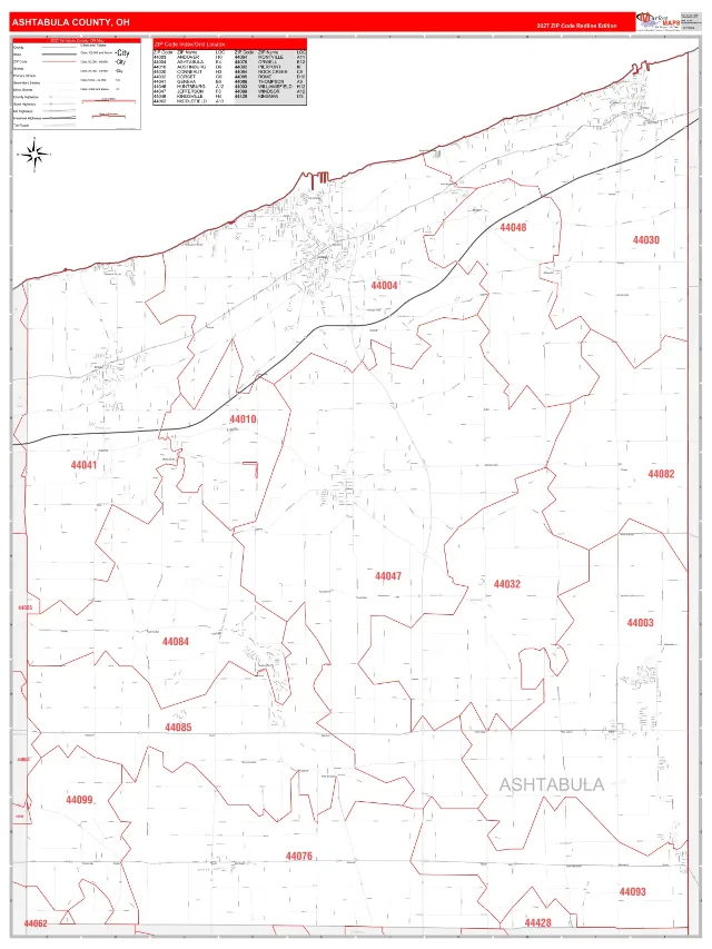 Ashtabula County, OH ZIP Code Wall Map, RedLine style