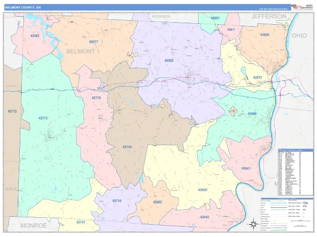 Belmont County, OH ZIP Code Wall Map, ColorCast style