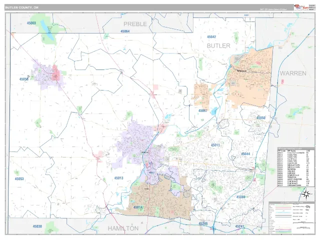 Butler County, OH ZIP Code Wall Map, Classic style