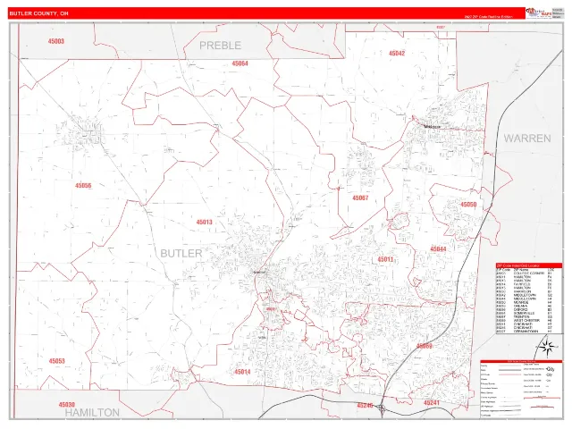 Butler County, OH ZIP Code Wall Map, RedLine style