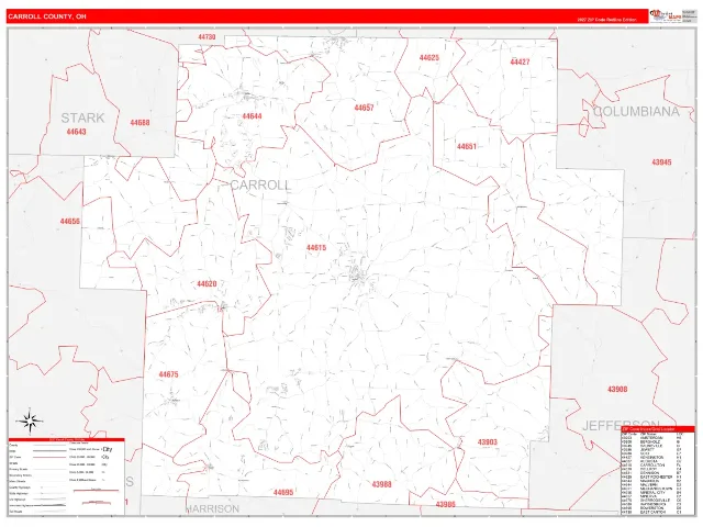 Carroll County, OH ZIP Code Wall Map, RedLine style