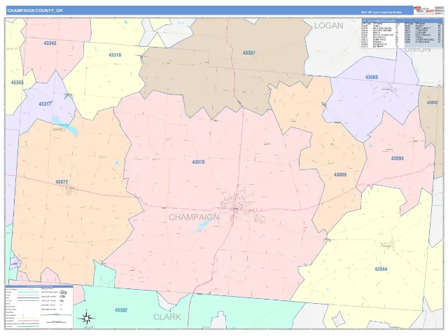 Champaign County, OH ZIP Code Wall Map, ColorCast style