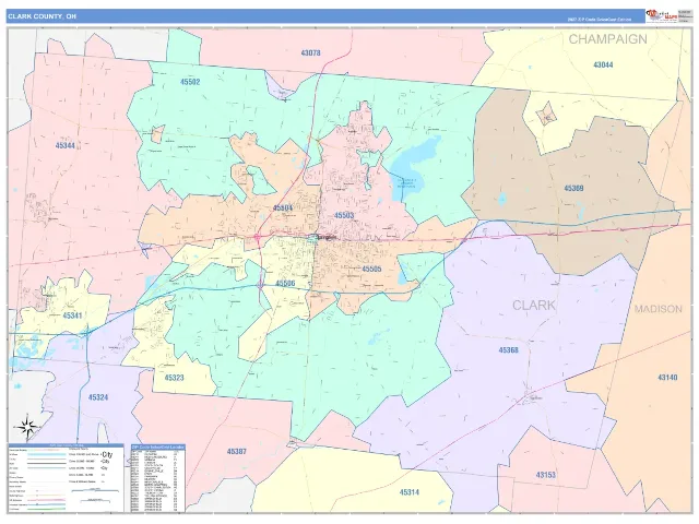 Clark County, OH ZIP Code Wall Map, ColorCast style