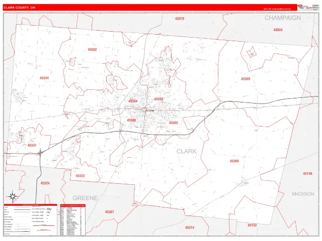 Clark County, OH ZIP Code Wall Map, RedLine style