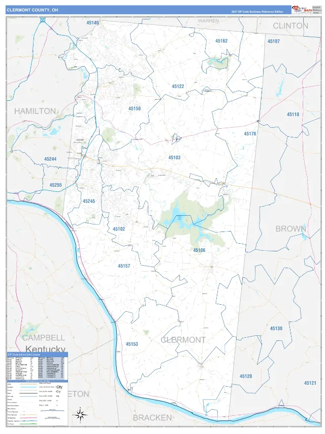 Clermont County, OH ZIP Code Wall Map, Business Reference style