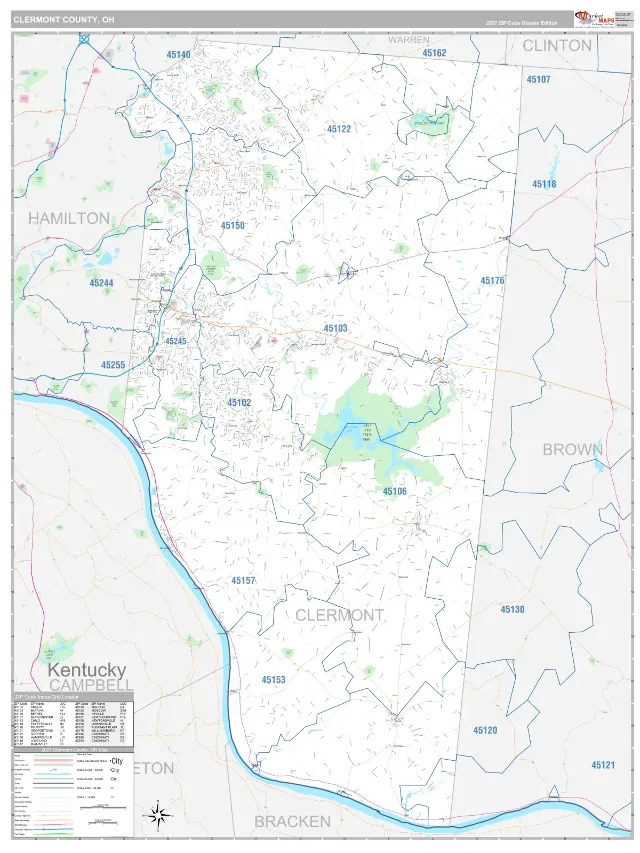 Clermont County, OH ZIP Code Wall Map, Classic style