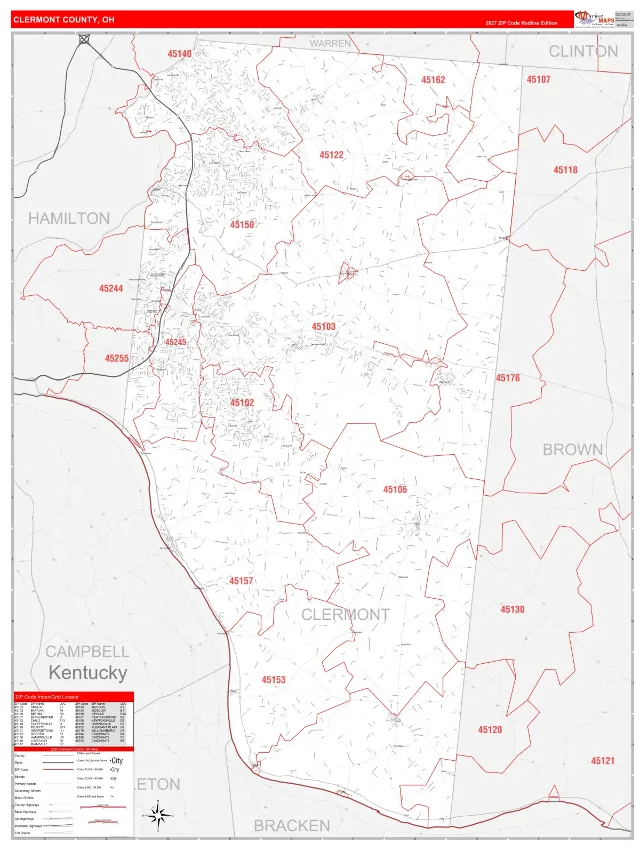 Clermont County, OH ZIP Code Wall Map, RedLine style