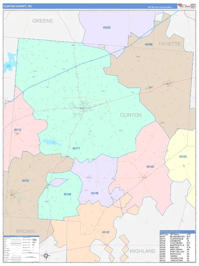 Clinton County, OH ZIP Code Wall Map, ColorCast style