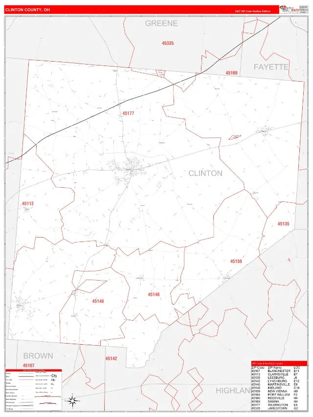 Clinton County, OH ZIP Code Wall Map, RedLine style