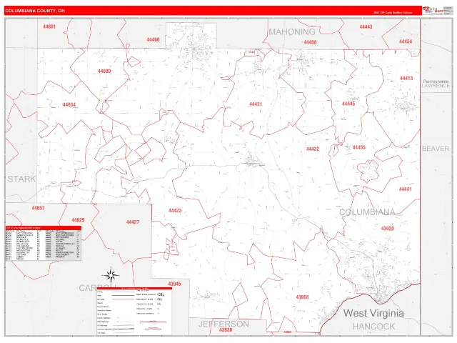 Columbiana County, OH ZIP Code Wall Map, RedLine style