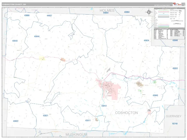 Coshocton County, OH ZIP Code Wall Map, Classic style
