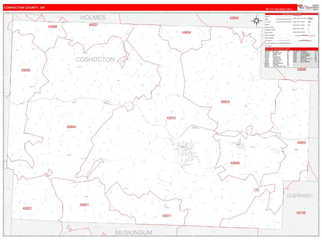 Coshocton County, OH ZIP Code Wall Map, RedLine style