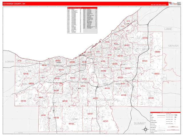 Cuyahoga County, OH ZIP Code Wall Map, RedLine style
