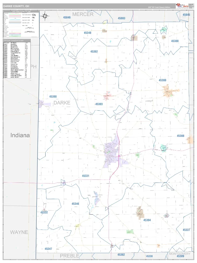 Darke County, OH ZIP Code Wall Map, Classic style