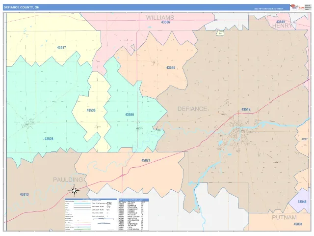 Defiance County, OH ZIP Code Wall Map, ColorCast style