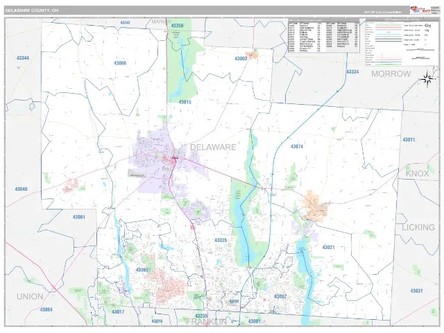 Delaware County, OH ZIP Code Wall Map, Classic style
