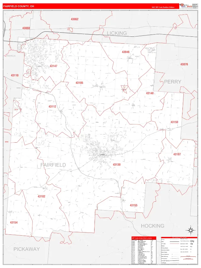 Fairfield County, OH ZIP Code Wall Map, RedLine style