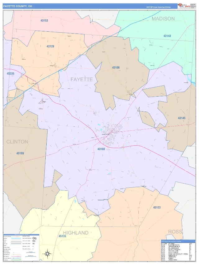 Fayette County, OH ZIP Code Wall Map, ColorCast style
