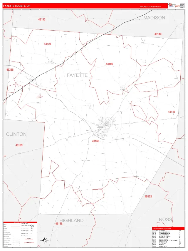 Fayette County, OH ZIP Code Wall Map, RedLine style