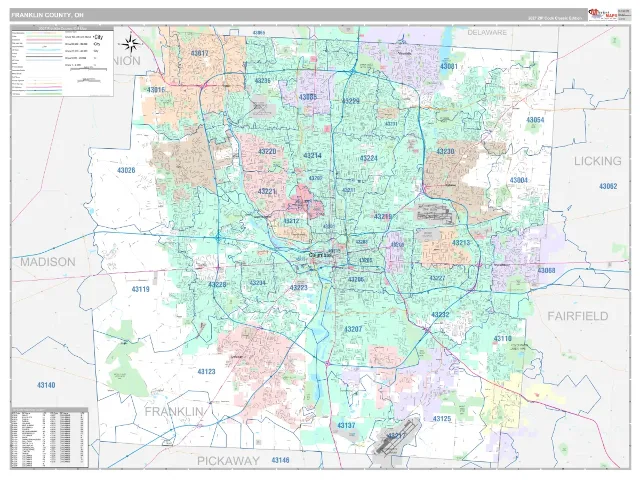 Franklin County, OH ZIP Code Wall Map, Classic style