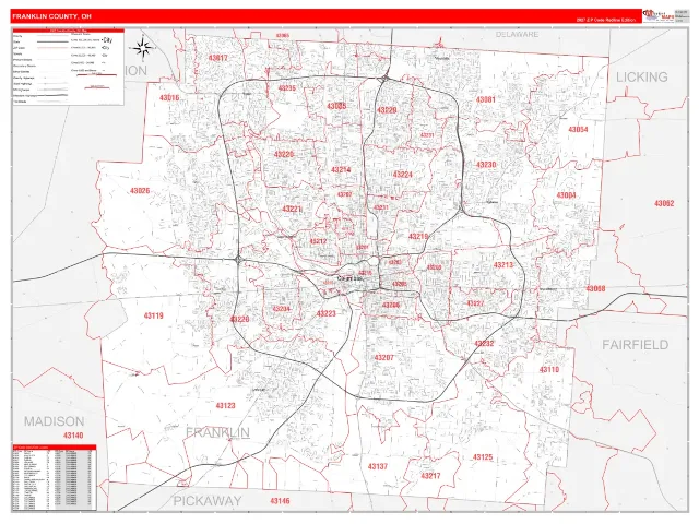 Franklin County, OH ZIP Code Wall Map, RedLine style