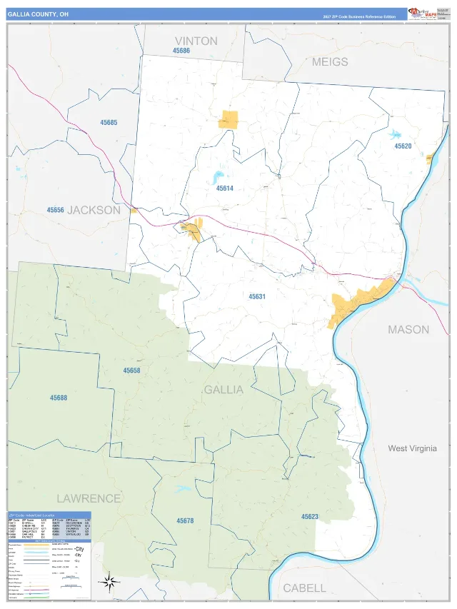 Gallia County, OH ZIP Code Wall Map, Business Reference style