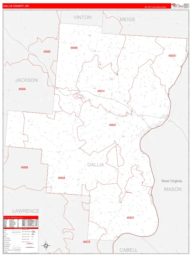 Gallia County, OH ZIP Code Wall Map, RedLine style