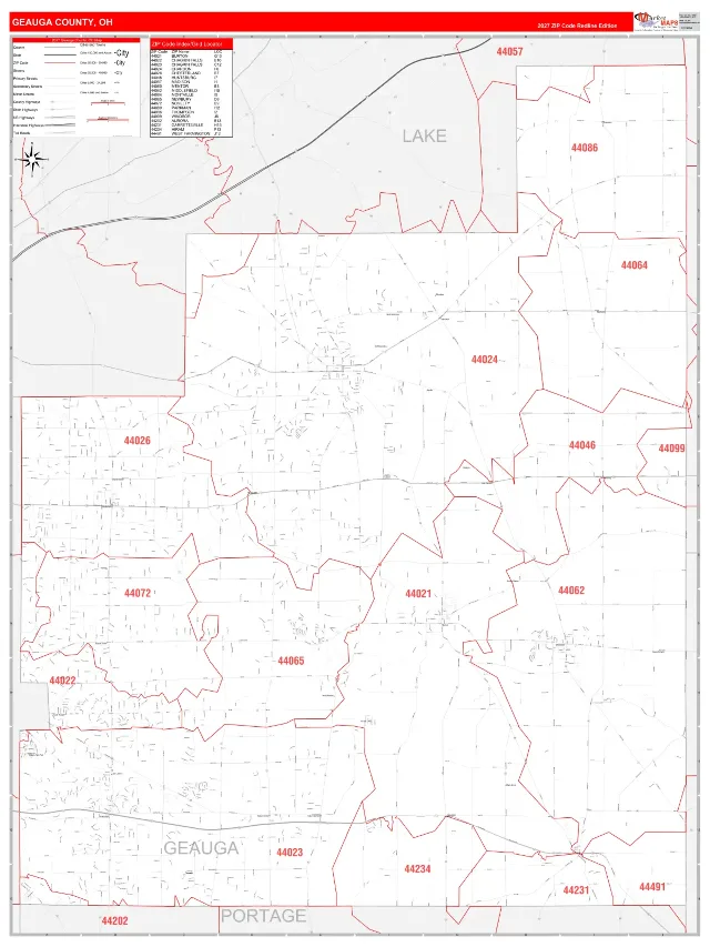 Geauga County, OH ZIP Code Wall Map, RedLine style