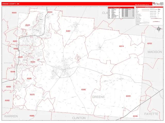 Greene County, OH ZIP Code Wall Map, RedLine style