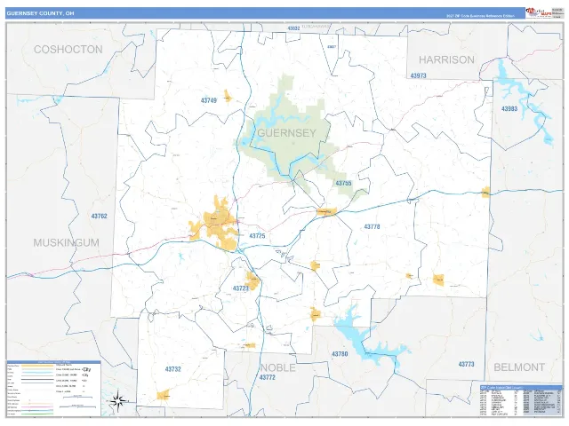 Guernsey County, OH ZIP Code Wall Map, Business Reference style