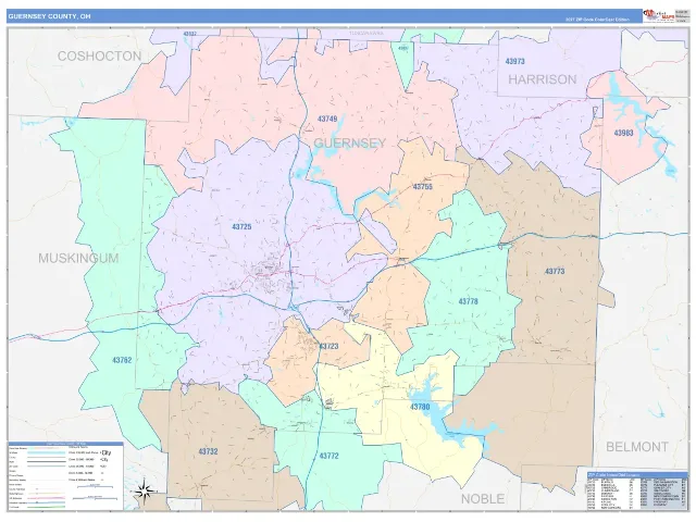 Guernsey County, OH ZIP Code Wall Map, ColorCast style