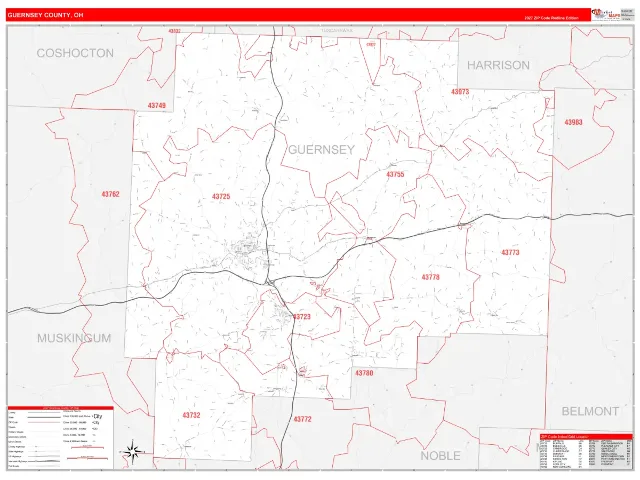 Guernsey County, OH ZIP Code Wall Map, RedLine style