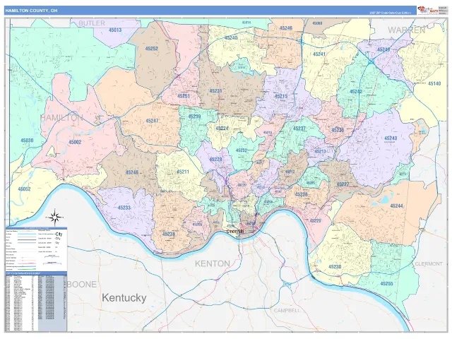 Hamilton County, OH ZIP Code Wall Map, ColorCast style