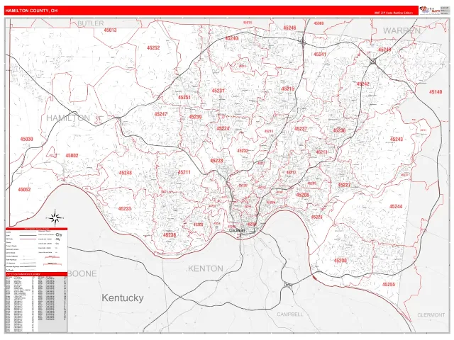 Hamilton County, OH ZIP Code Wall Map, RedLine style