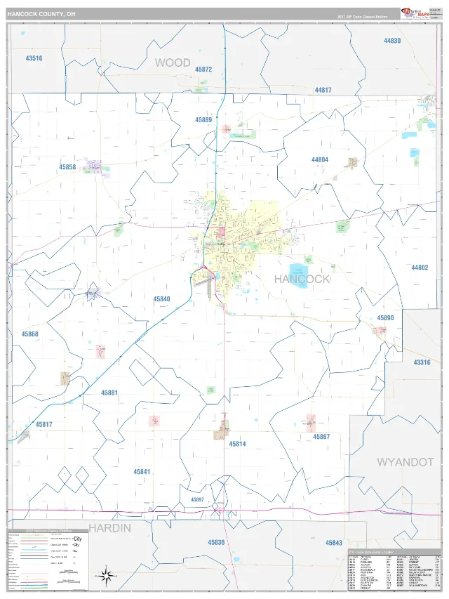 Hancock County, OH ZIP Code Wall Map, Classic style