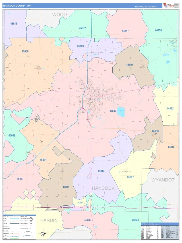 Hancock County, OH ZIP Code Wall Map, ColorCast style