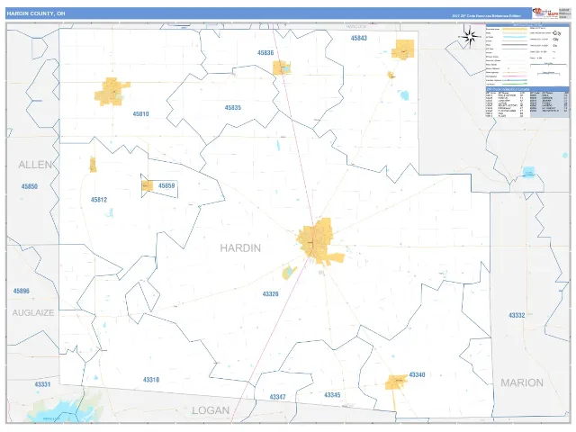 Hardin County, OH ZIP Code Wall Map, Business Reference style