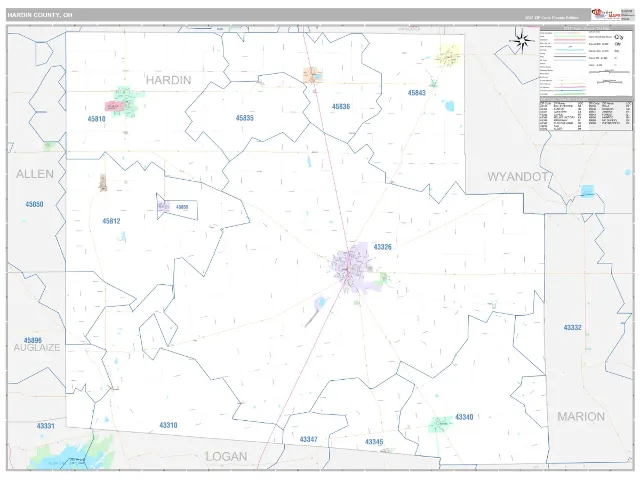 Hardin County, OH ZIP Code Wall Map, Classic style