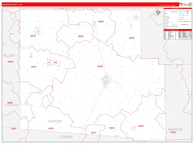 Hardin County, OH ZIP Code Wall Map, RedLine style