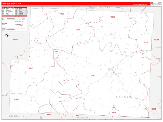 Harrison County, OH ZIP Code Wall Map, RedLine style