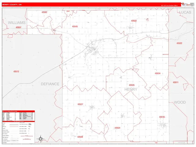 Henry County, OH ZIP Code Wall Map, RedLine style