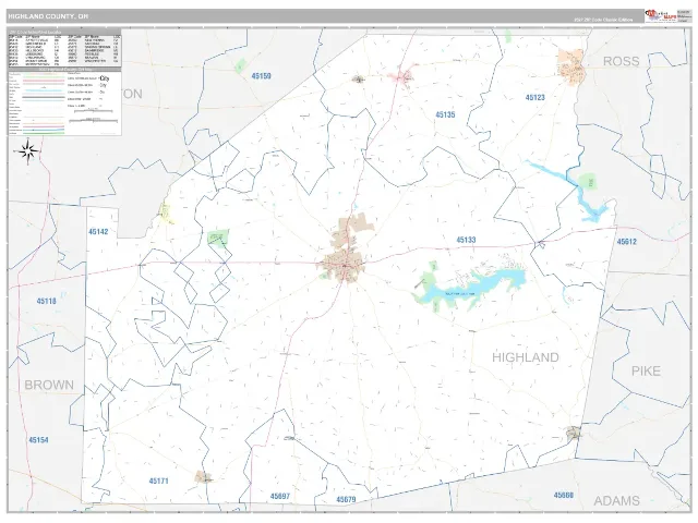Highland County, OH ZIP Code Wall Map, Classic style