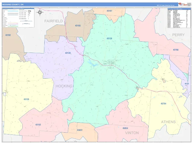 Hocking County, OH ZIP Code Wall Map, ColorCast style