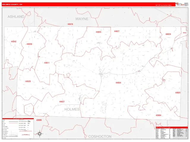 Holmes County, OH ZIP Code Wall Map, RedLine style