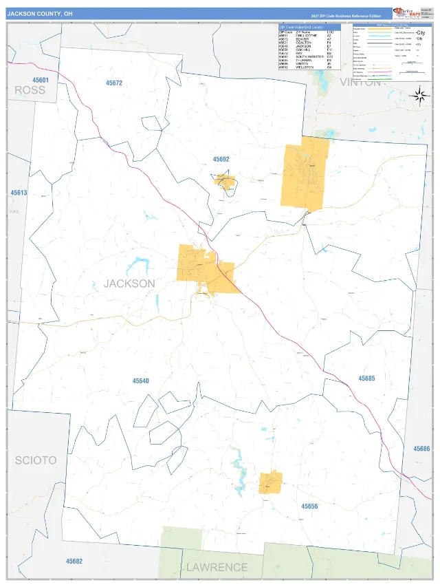Jackson County, OH ZIP Code Wall Map, Business Reference style